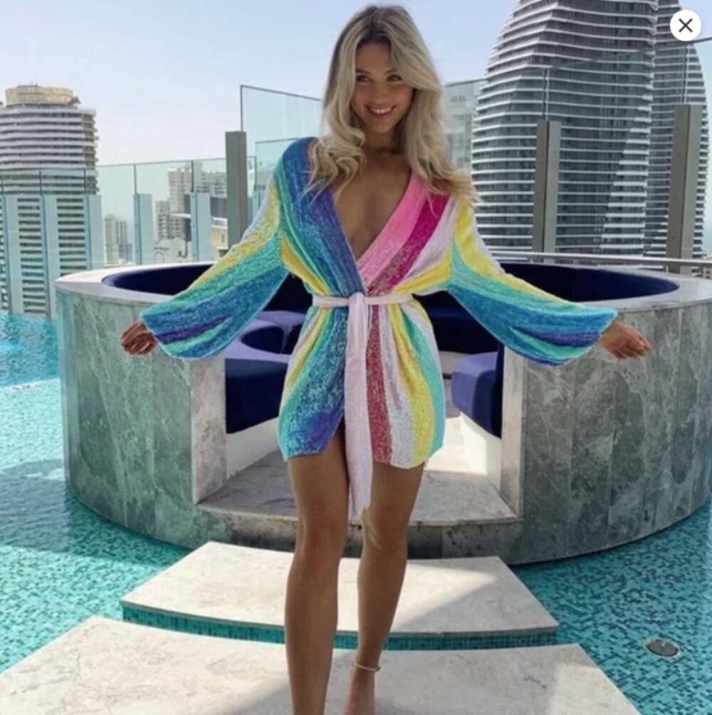 NEW! Retrofete Gabrielle Sequin Robe Mini Dress Unicorn Rainbow Stripe